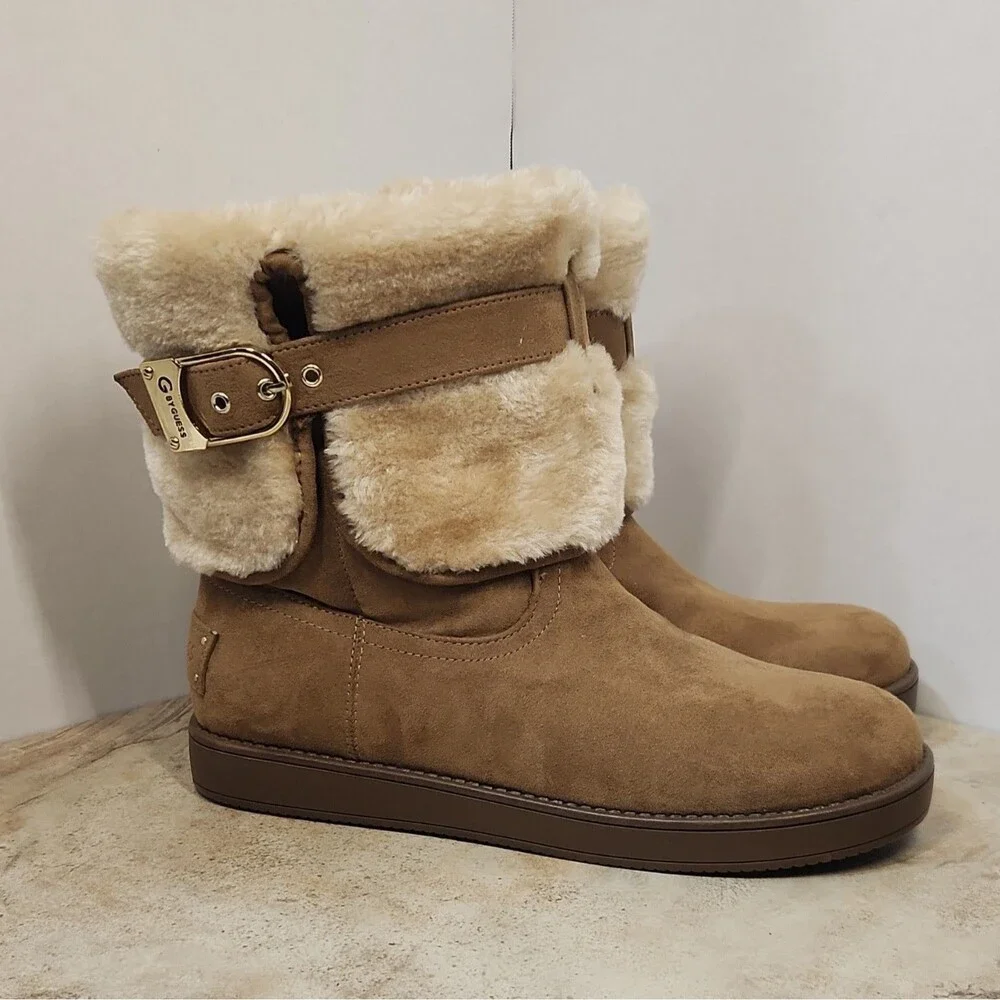 G by GUESS Aussie Suede Mid-Calf Boots Chestnut Faux Fur Buckle Women's 7.5M